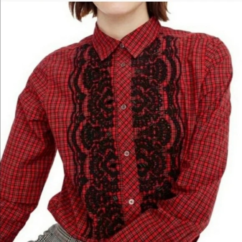J. Crew Red Plaid Button-Down Shirt with Black Lace Trim